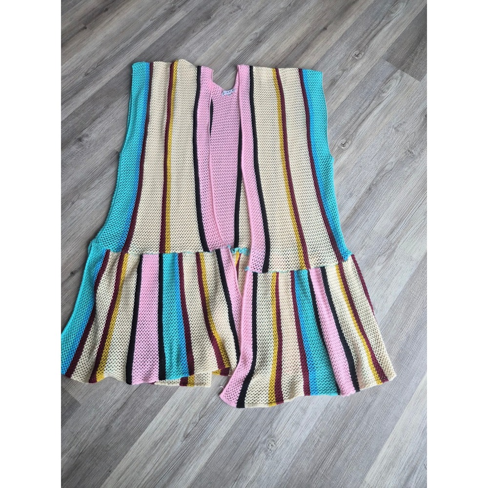 Blakeley Women OS Striped Crochet Knit Open Front Ruffle Hem Long Vest Pink Blue